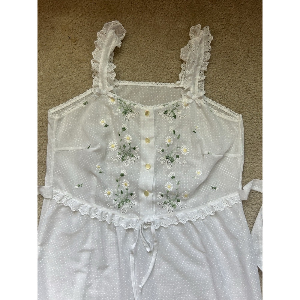VTG 1970s White Swiss Dot Nightgown Dress Flocked Victorian Coquette Cotton M